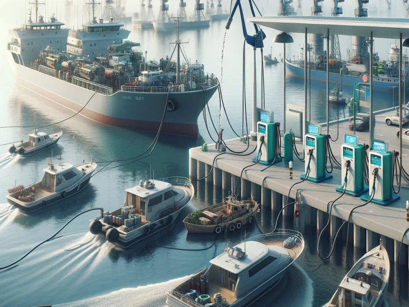 DALL·E 2024-03-10 12.42.43 - Create a photo-realistic image illustrating small ships at a port being refueled with high-pressure air technology, showcasing eco-friendly maritime o